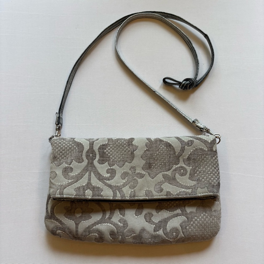 Target Limited Edition Silver and Grey Brocade Floral Fold Over Crossbody Purse